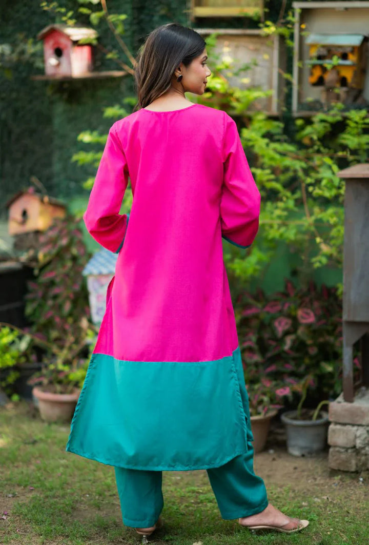 Pink-Lizzy-Bizzy Cotton-Color-Blocking-2-Piece-Kurta-Set