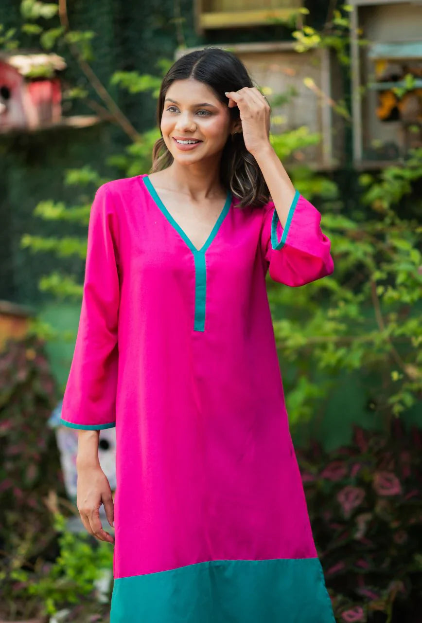 Pink-Lizzy-Bizzy Cotton-Color-Blocking-2-Piece-Kurta-Set