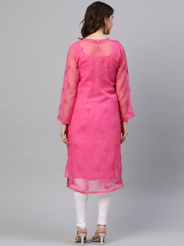 Pink-Poly-Georgette-Embroidered-Chikankari-Kurta-With-Slip