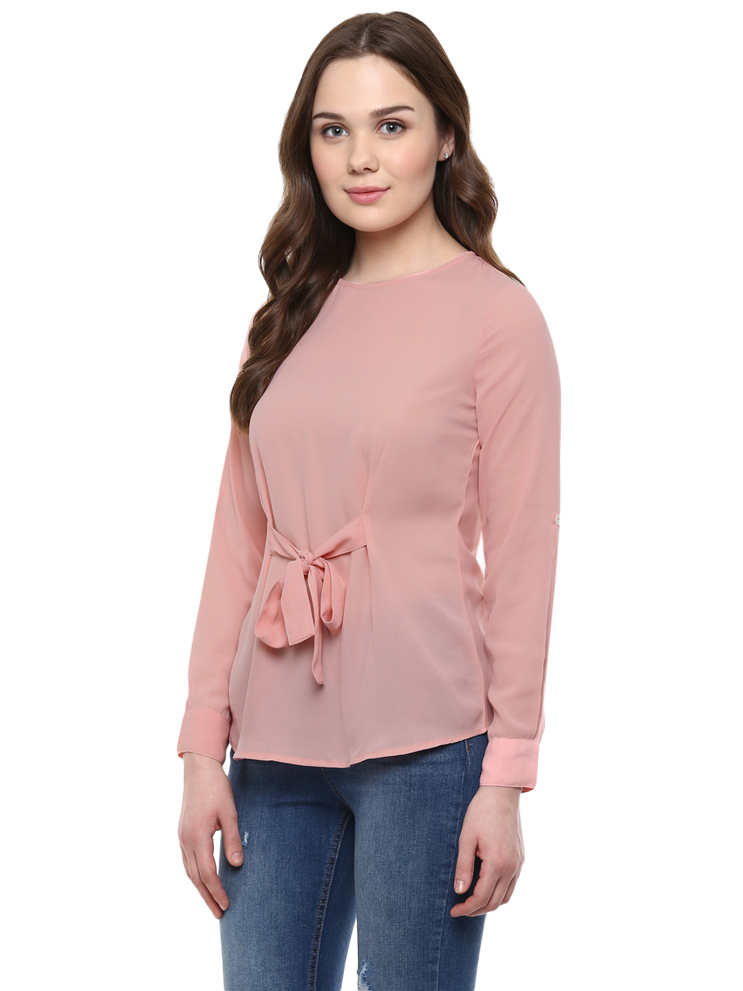 Pink-Poly-Georgette-Front-Knot-Top