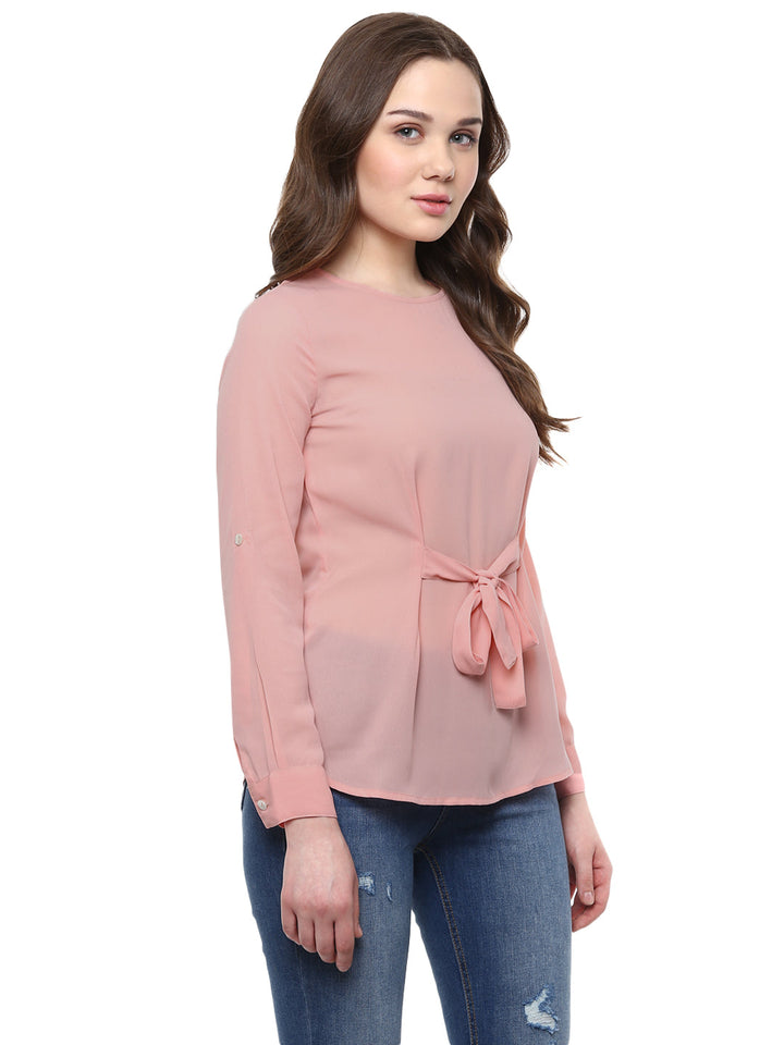 Pink-Poly-Georgette-Front-Knot-Top