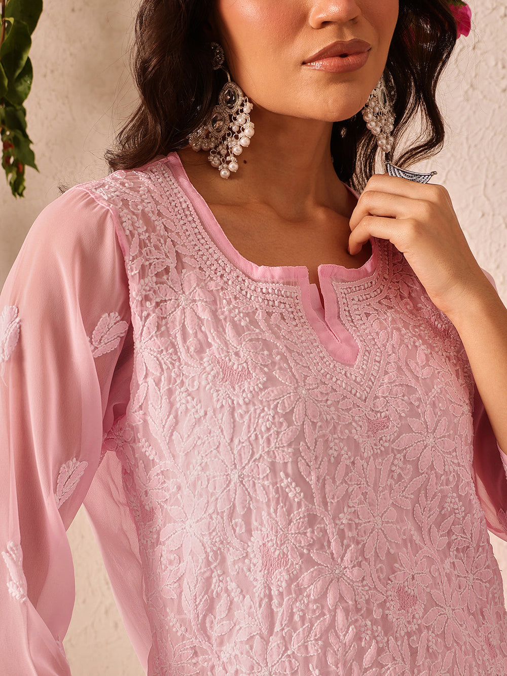 Pink-Poly-Georgette-Lucknowi-Chikankari-Short-Kurta-ONLY
