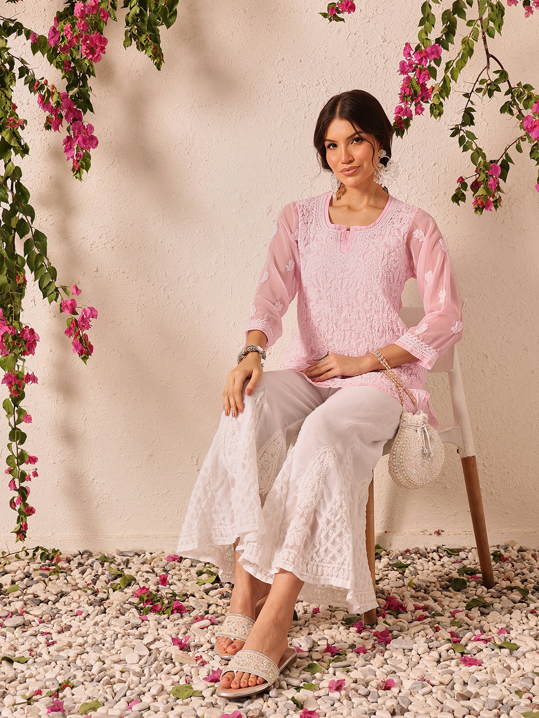 Pink-Poly-Georgette-Lucknowi-Chikankari-Short-Kurta-ONLY