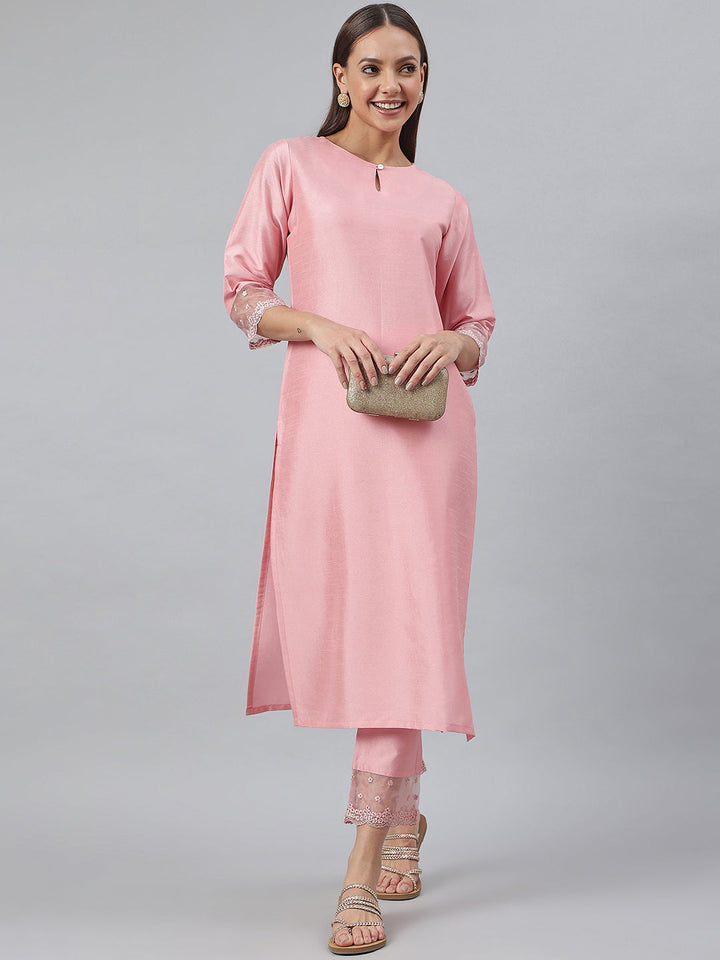 Pink Poly Silk Solid Kurta & Pant Set