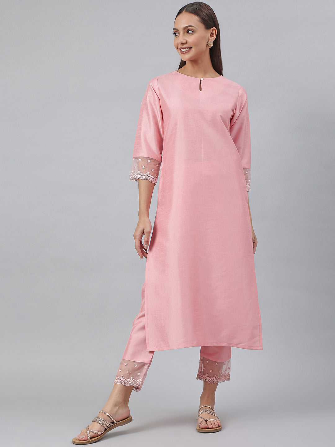 Pink Poly Silk Solid Kurta & Pant Set