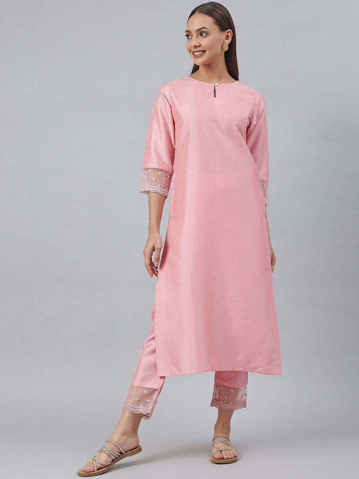 Pink Poly Silk Solid Kurta & Pant Set