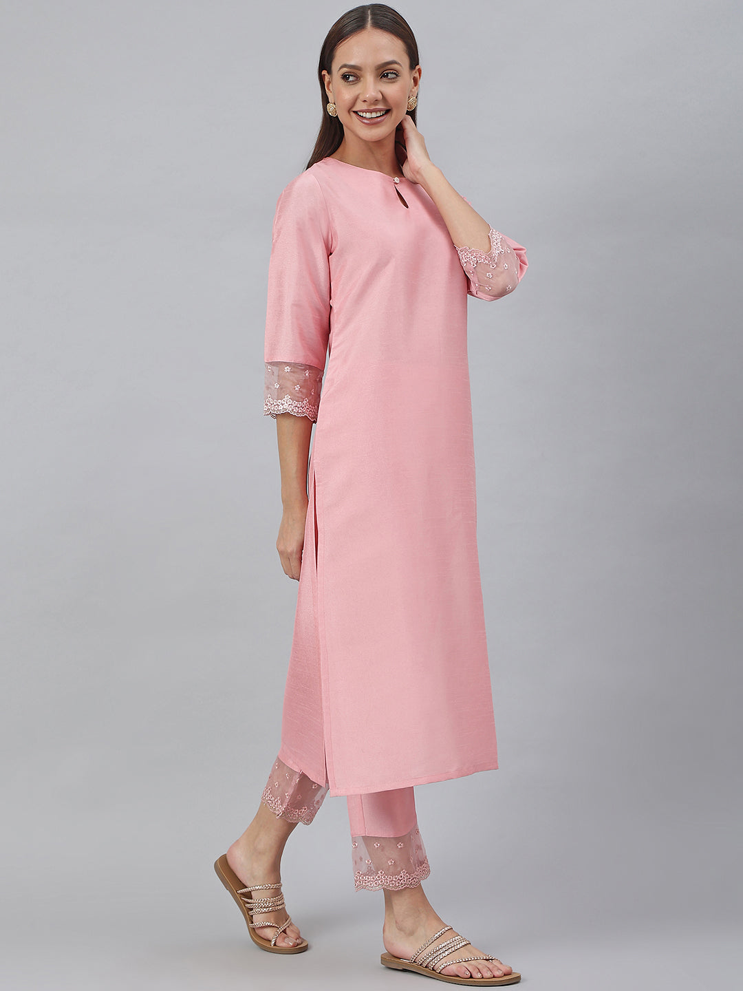 Pink Poly Silk Solid Kurta & Pant Set