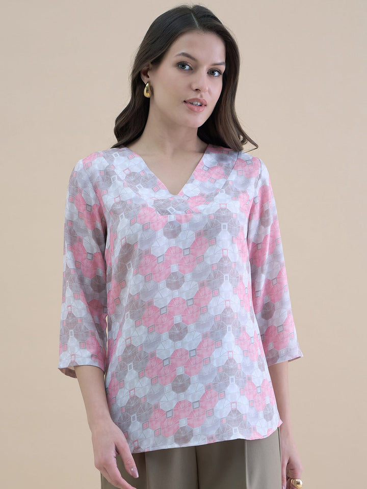 Pink-Polyester-Geo-Print-V-Neck-Loose-Fit-Tunic-ONLY