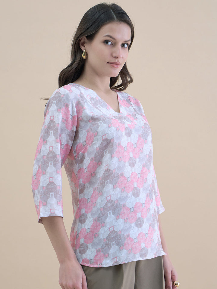 Pink-Polyester-Geo-Print-V-Neck-Loose-Fit-Tunic-ONLY