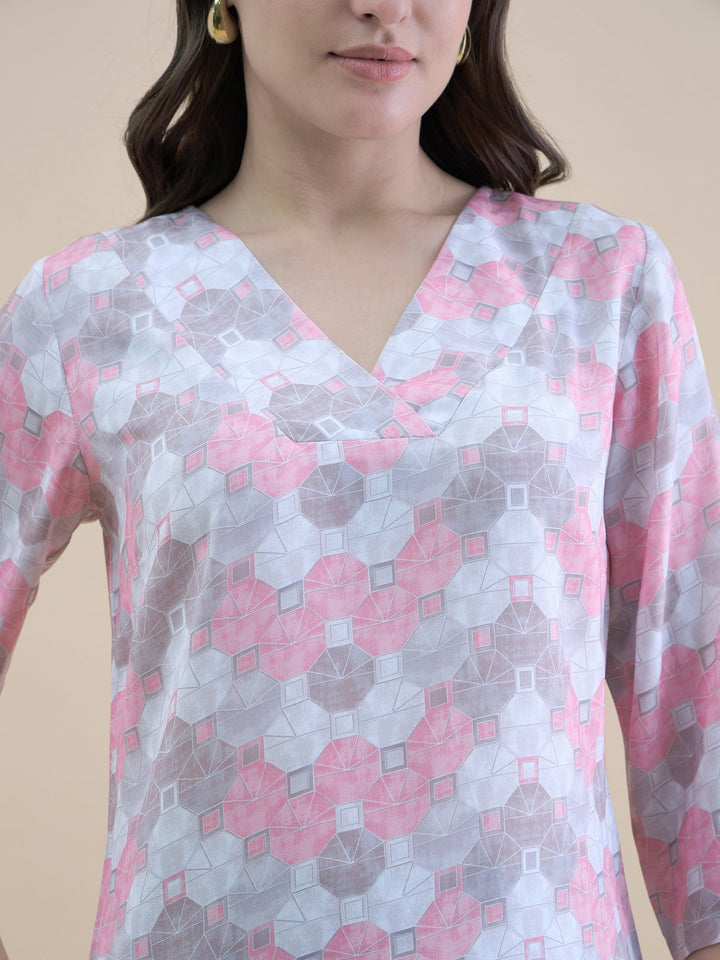 Pink-Polyester-Geo-Print-V-Neck-Loose-Fit-Tunic-ONLY