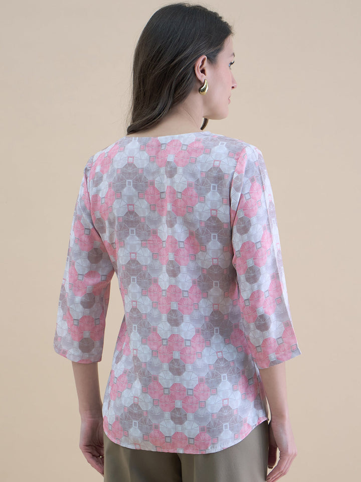 Pink-Polyester-Geo-Print-V-Neck-Loose-Fit-Tunic-ONLY