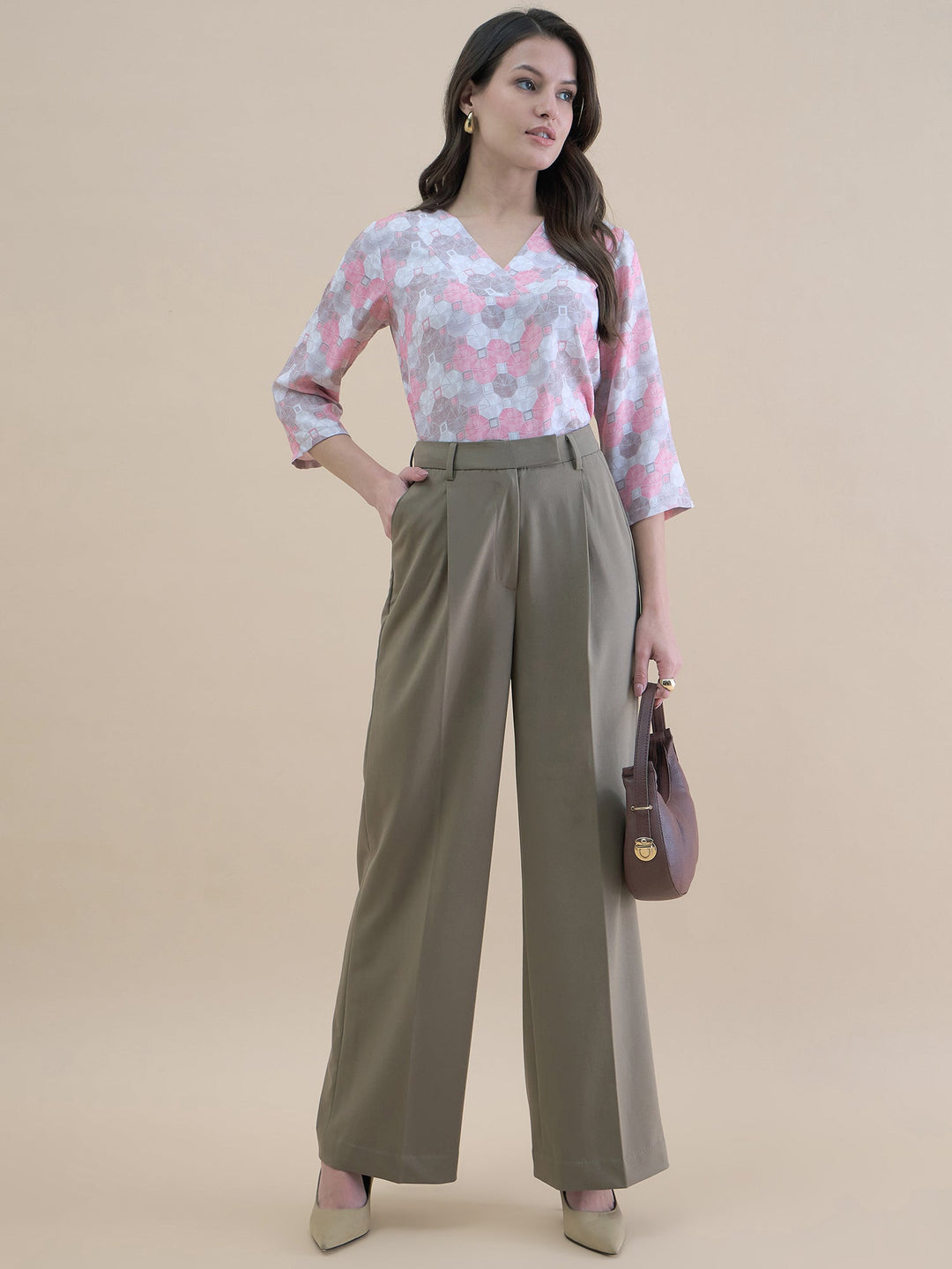 Pink-Polyester-Geo-Print-V-Neck-Loose-Fit-Tunic-ONLY