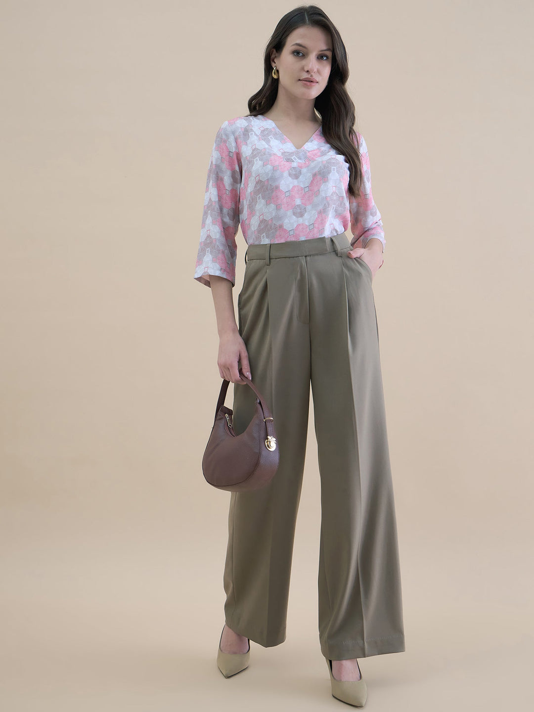 Pink-Polyester-Geo-Print-V-Neck-Loose-Fit-Tunic-ONLY