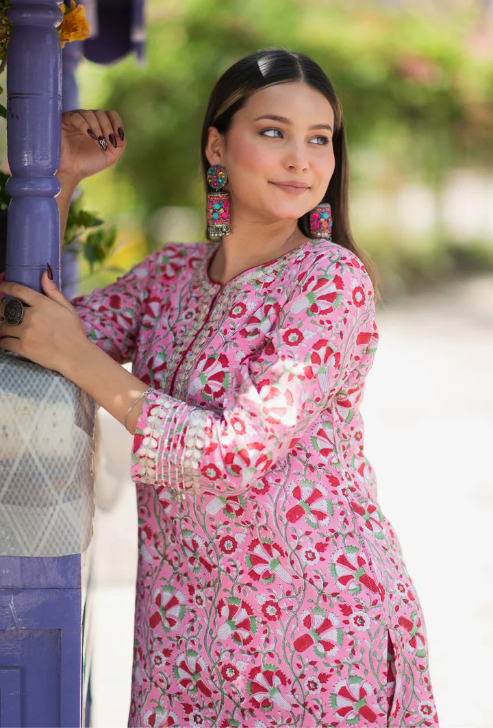 Pink-Pure-Cotton-Rosy-Gottapatti-Handblock-Dhoti-Kurta-Set