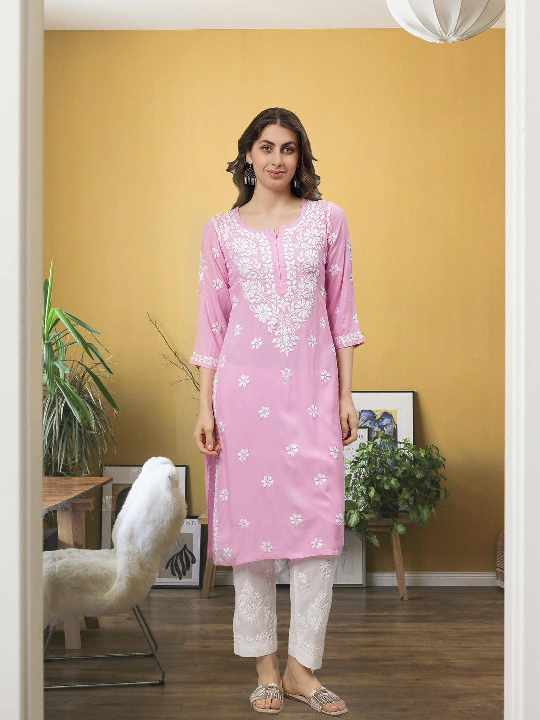 Pink-Rayon-Embroidered-Chikankari-Kurta-Only