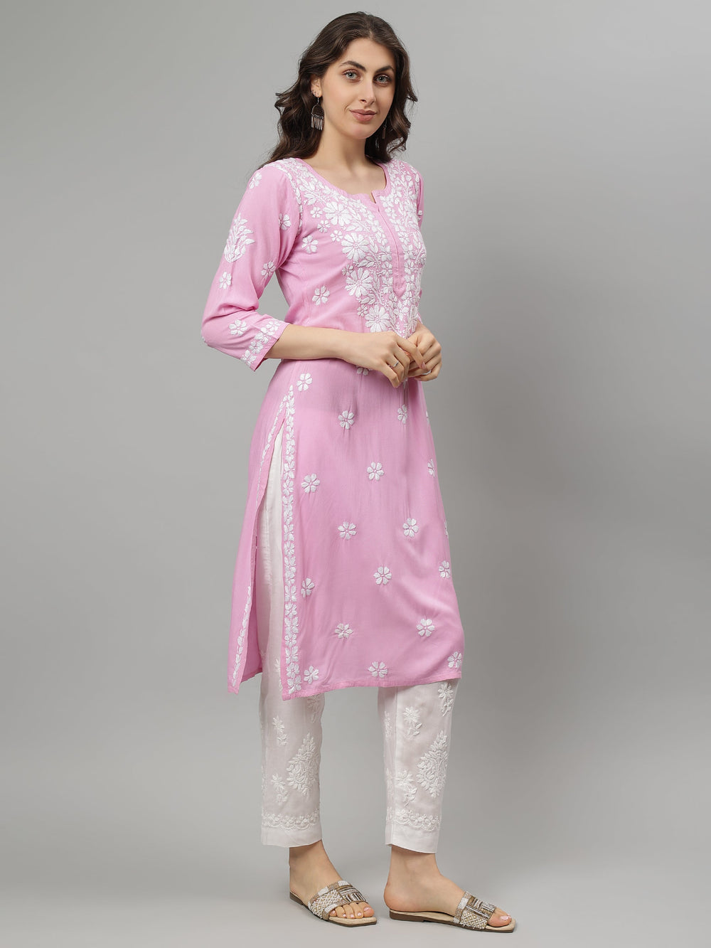 Pink-Rayon-Embroidered-Chikankari-Kurta-Only