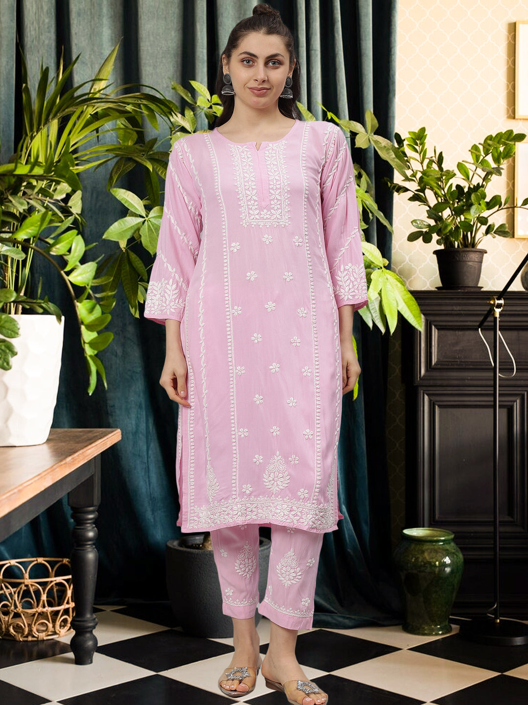 Pink-Rayon-Lucknowi-Chikankari-Kurta-with-Pant-Set