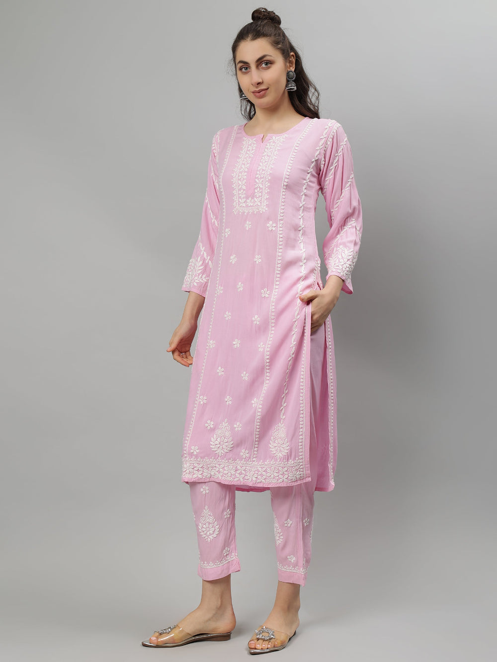 Pink-Rayon-Lucknowi-Chikankari-Kurta-with-Pant-Set