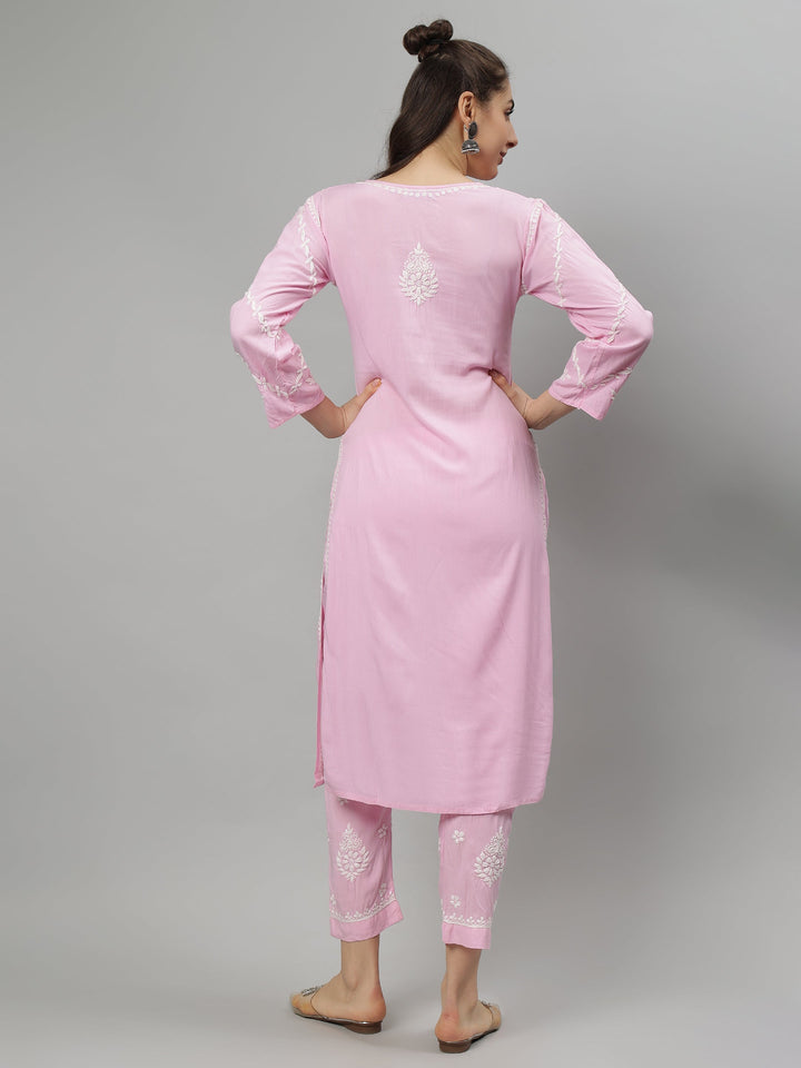 Pink-Rayon-Lucknowi-Chikankari-Kurta-with-Pant-Set