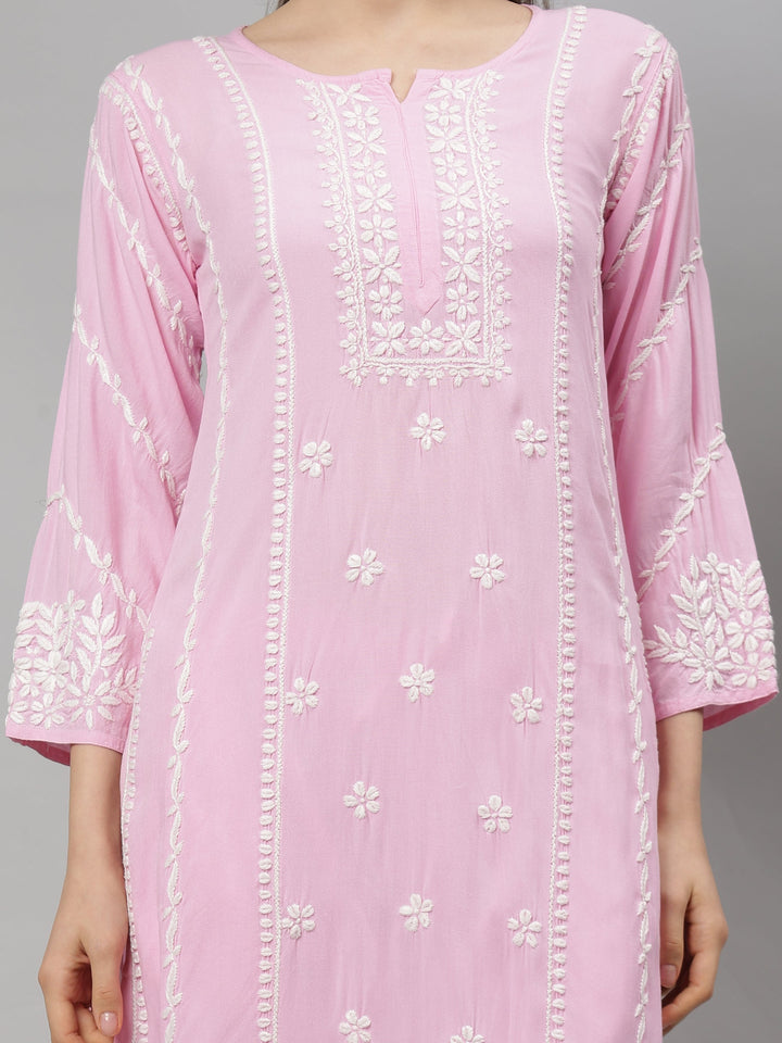 Pink-Rayon-Lucknowi-Chikankari-Kurta-with-Pant-Set