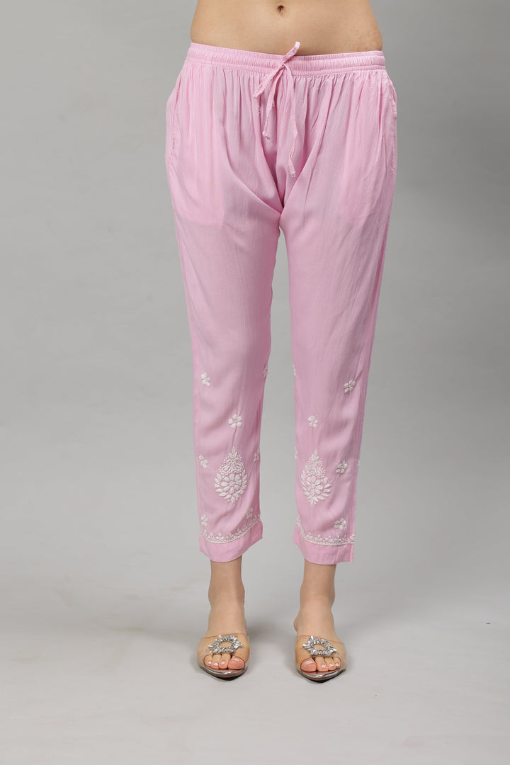 Pink-Rayon-Lucknowi-Chikankari-Kurta-with-Pant-Set