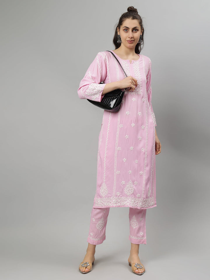 Pink-Rayon-Lucknowi-Chikankari-Kurta-with-Pant-Set
