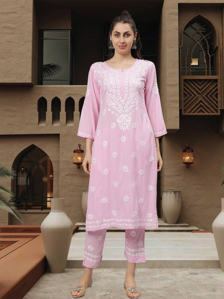 Pink-Rayon-Lucknowi-Chikankari-Kurta-with-Pant-Set