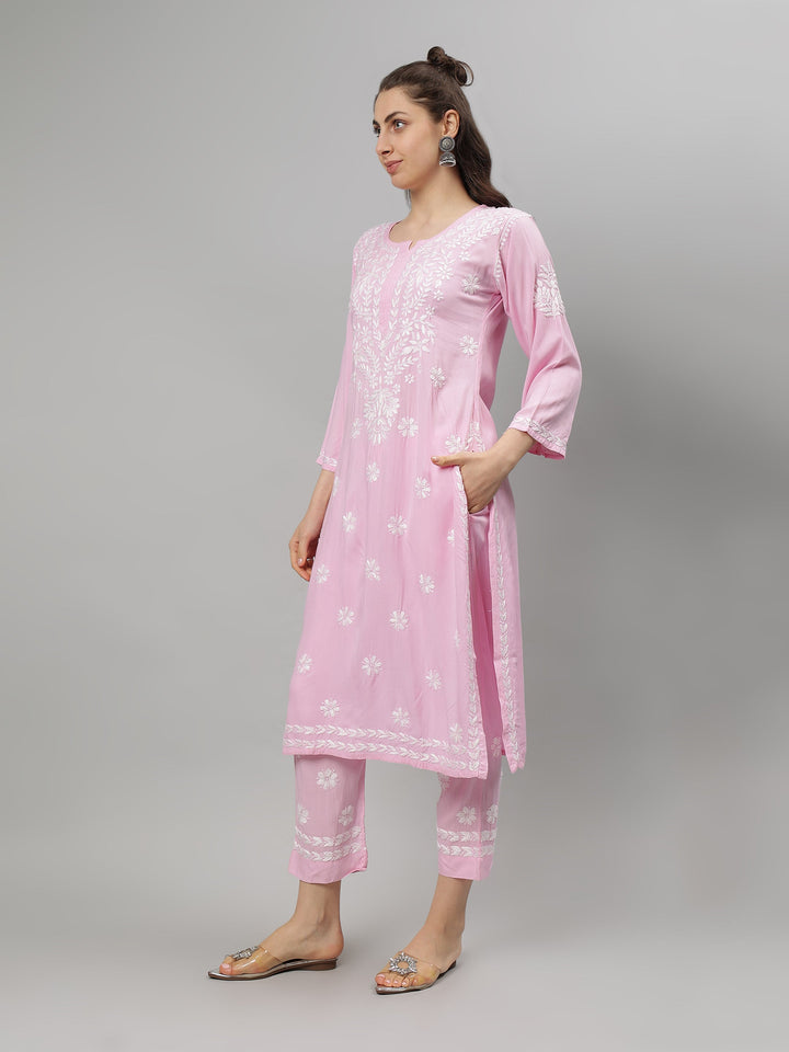 Pink-Rayon-Lucknowi-Chikankari-Kurta-with-Pant-Set