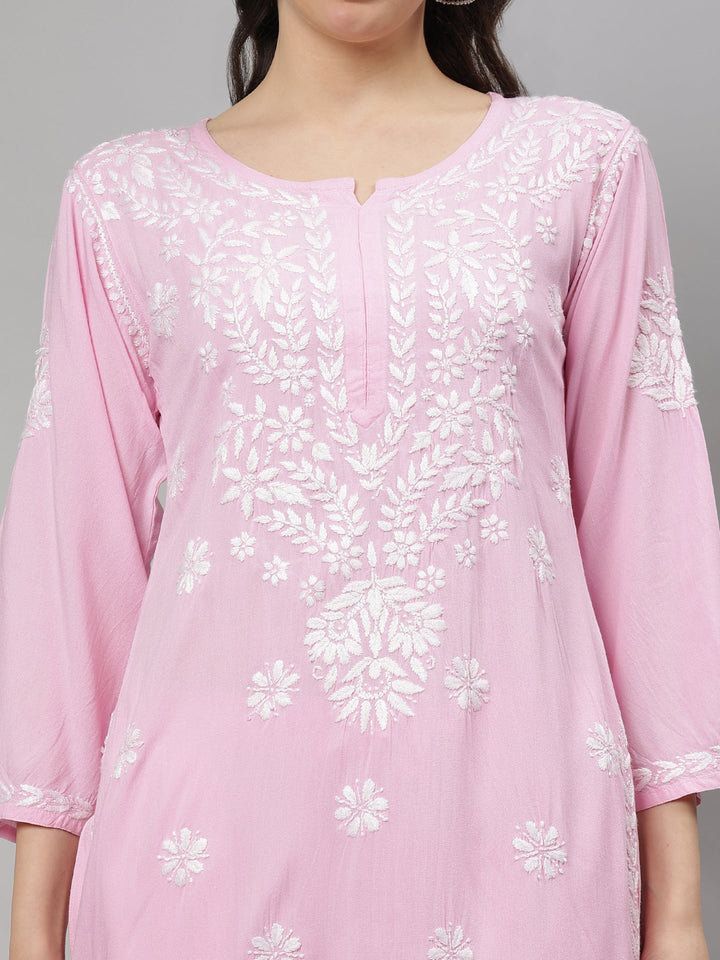 Pink-Rayon-Lucknowi-Chikankari-Kurta-with-Pant-Set