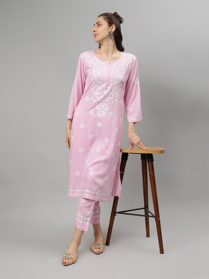 Pink-Rayon-Lucknowi-Chikankari-Kurta-with-Pant-Set