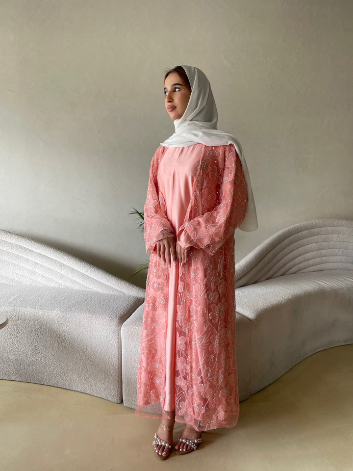Pink-Silk-Petal-Bloom-Pearl-Full-Abaya-Set