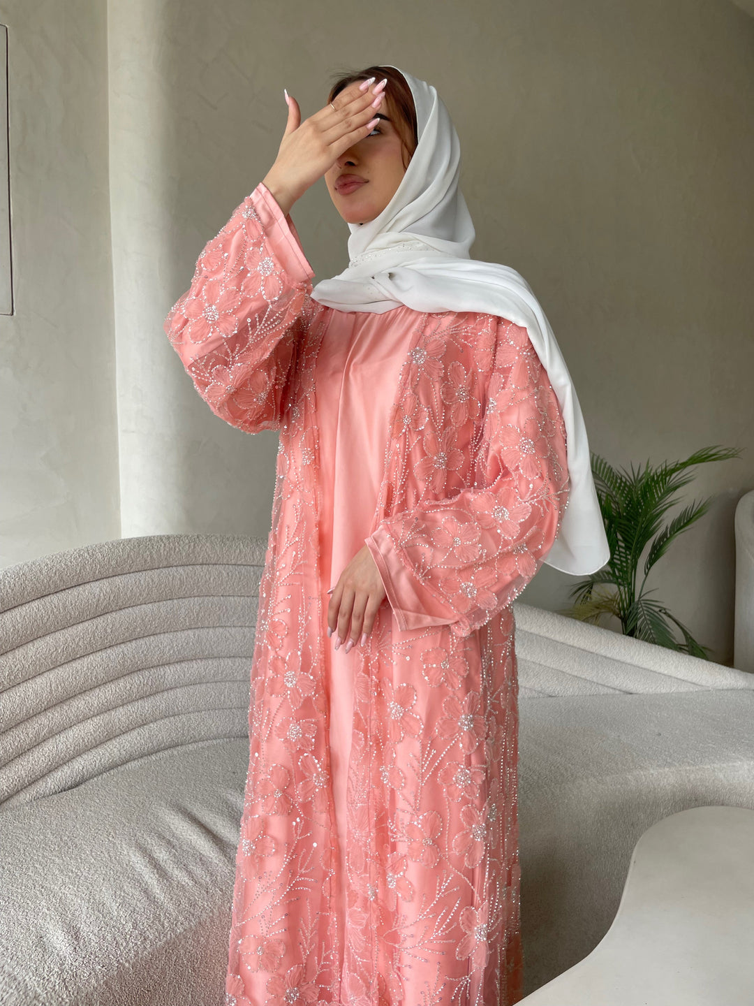 Pink-Silk-Petal-Bloom-Pearl-Full-Abaya-Set