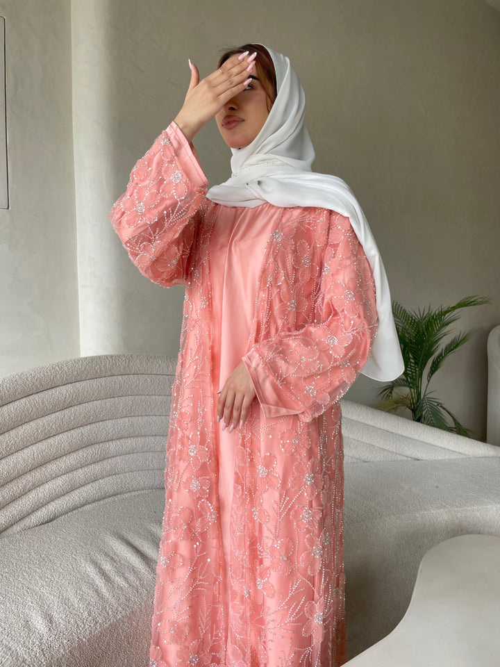 Pink-Silk-Petal-Bloom-Pearl-Full-Abaya-Set