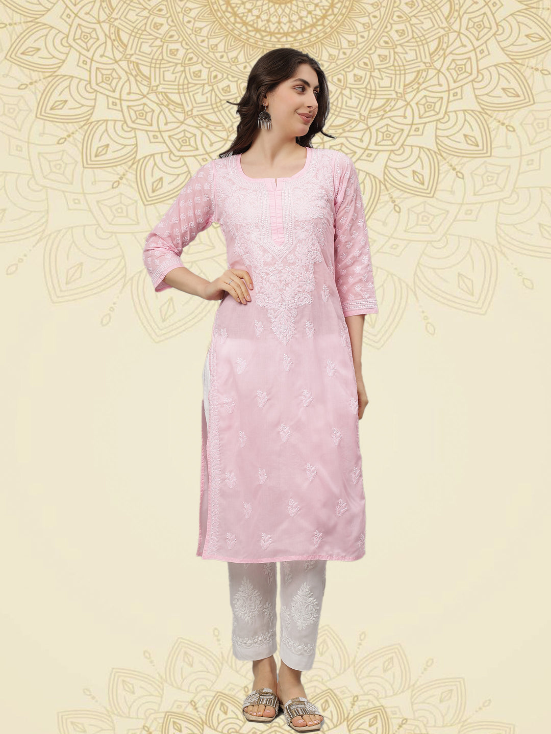 Pink-Terivoil-Cotton-Embroidered-Chikankari-Kurta-Only