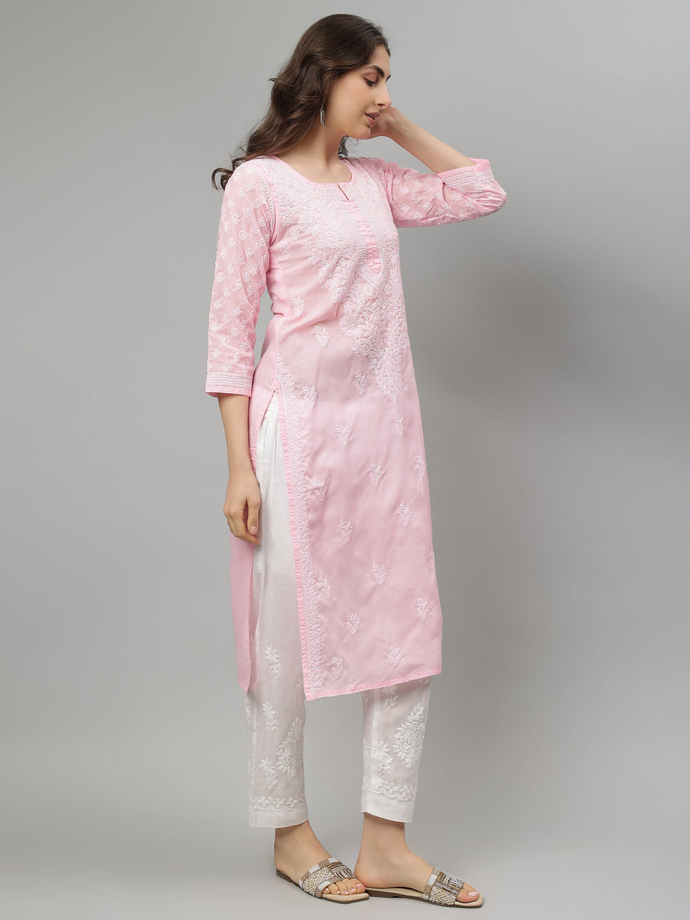 Pink-Terivoil-Cotton-Embroidered-Chikankari-Kurta-Only