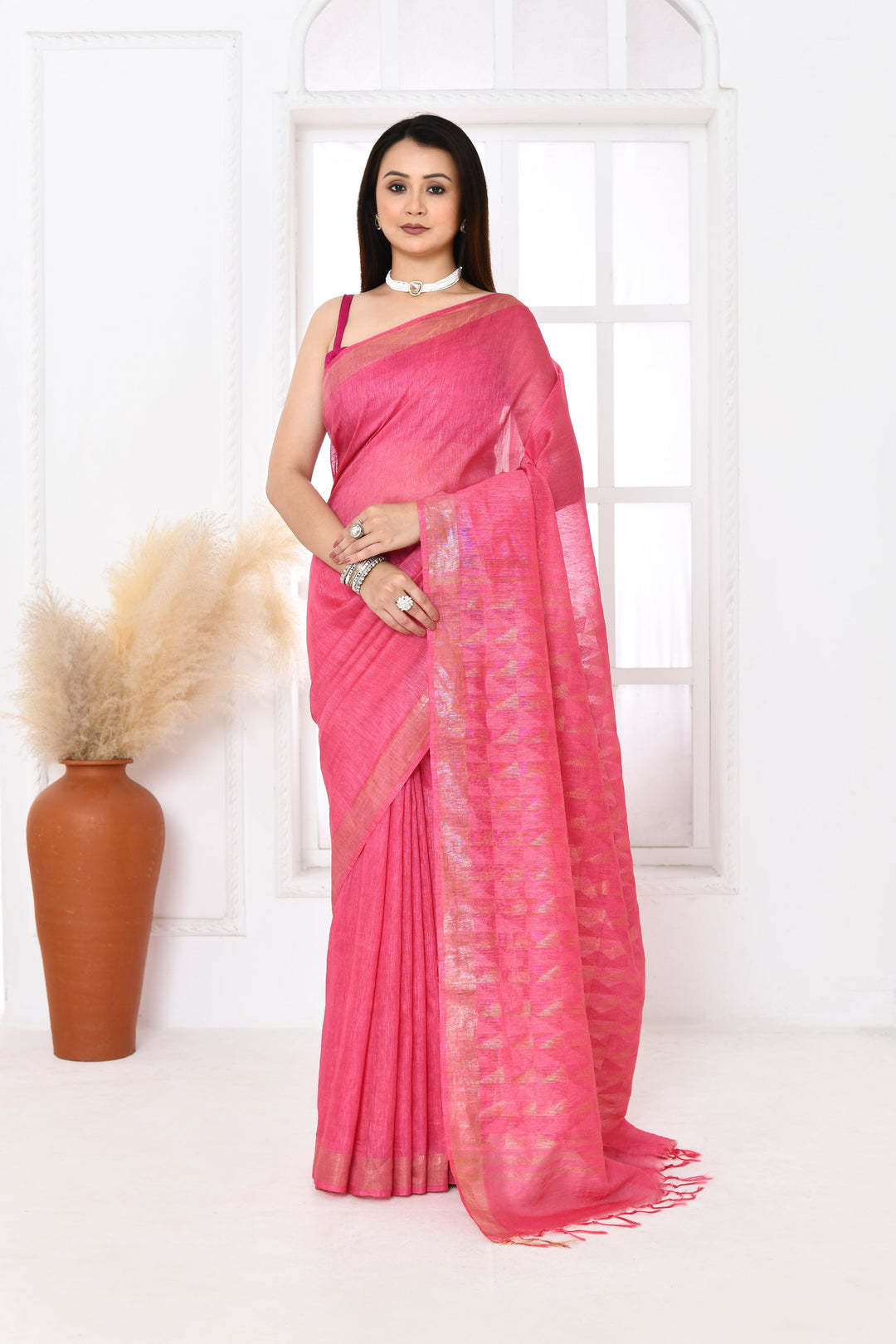 Pink-Tussar-Linen-Handloom-Saree-With-Woven-Zari-Pallu