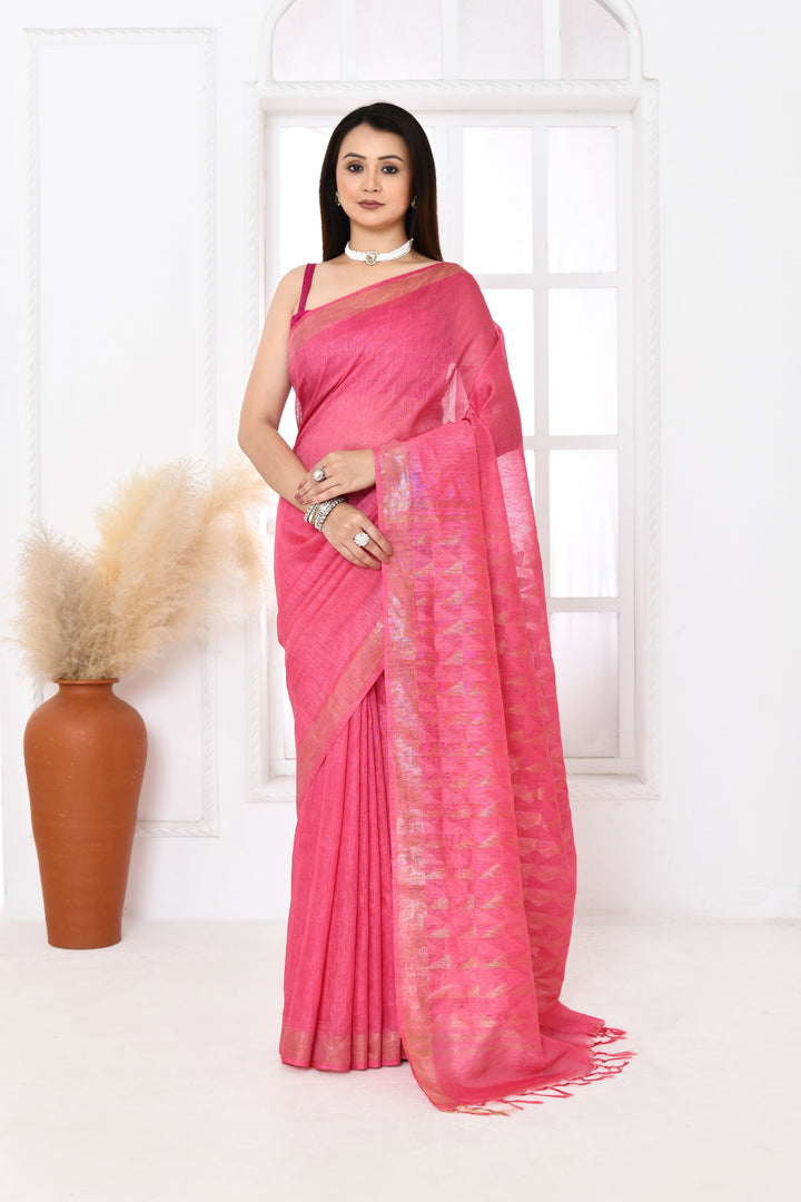 Pink-Tussar-Linen-Handloom-Saree-With-Woven-Zari-Pallu