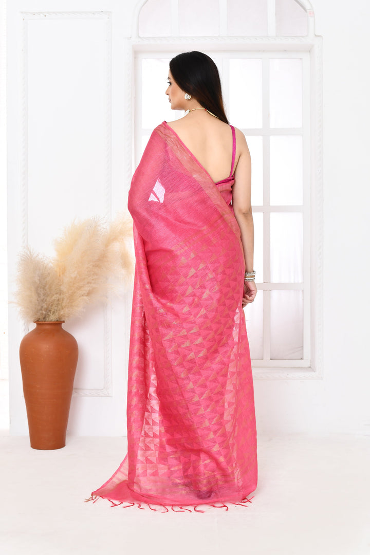 Pink-Tussar-Linen-Handloom-Saree-With-Woven-Zari-Pallu