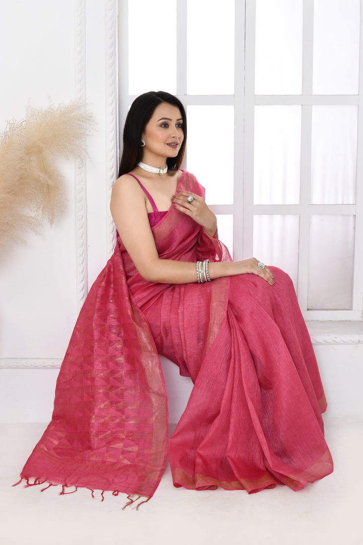 Pink-Tussar-Linen-Handloom-Saree-With-Woven-Zari-Pallu