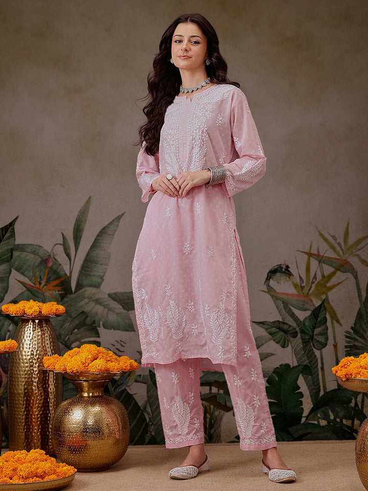 Pink-&-White-Cotton-Lucknowi-Chikankari-2-Piece-Kurta-Set