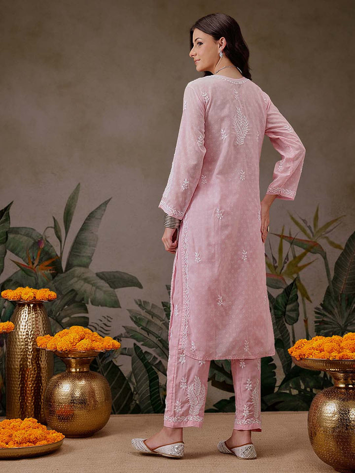 Pink-&-White-Cotton-Lucknowi-Chikankari-2-Piece-Kurta-Set