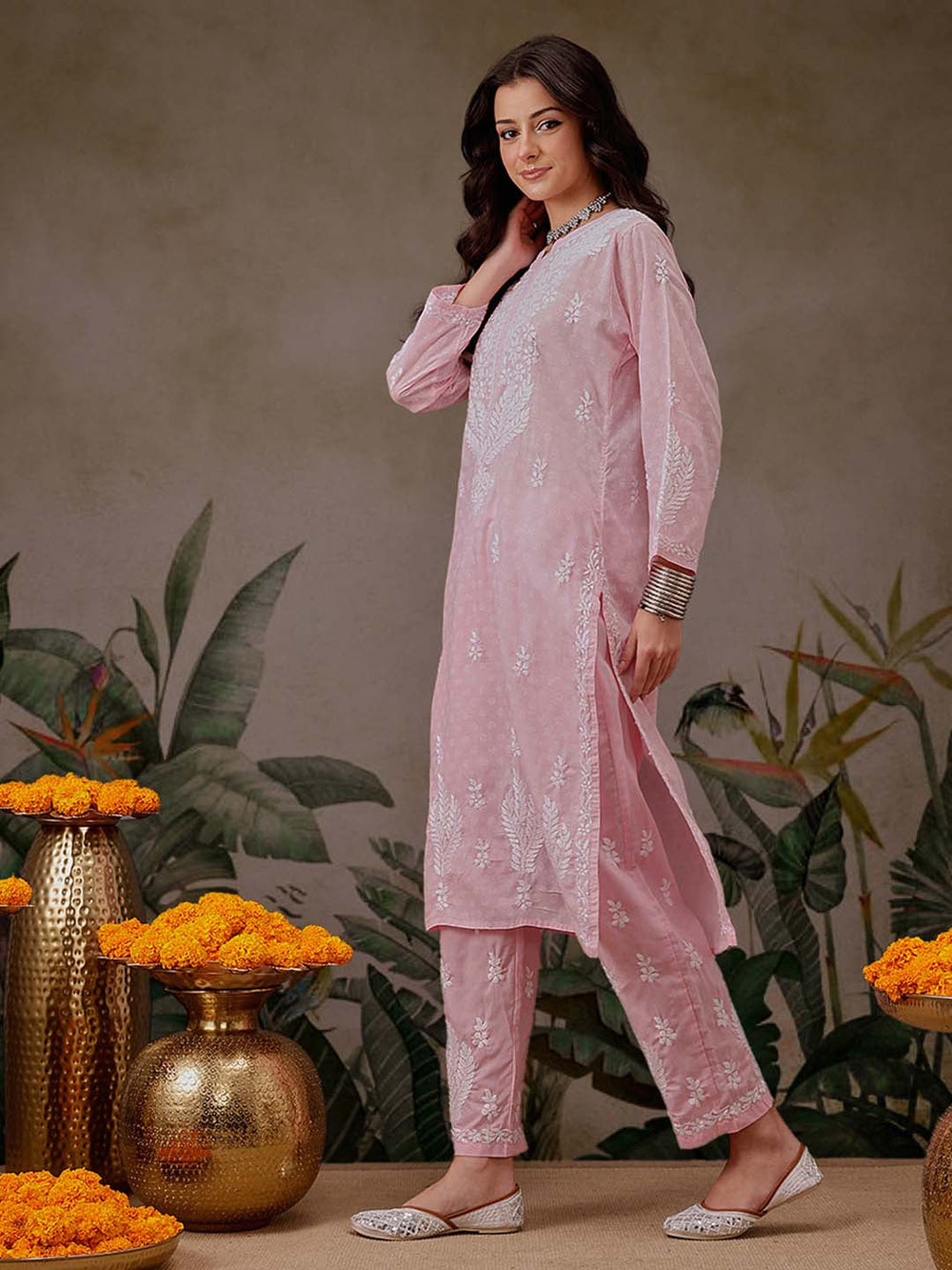 Pink-&-White-Cotton-Lucknowi-Chikankari-2-Piece-Kurta-Set