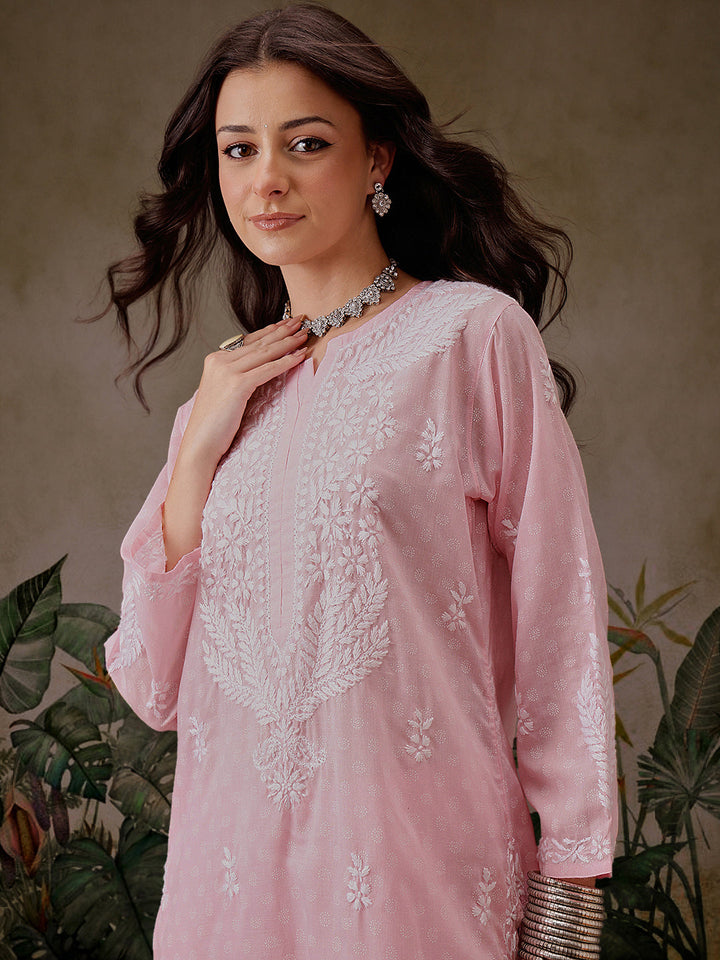 Pink-&-White-Cotton-Lucknowi-Chikankari-2-Piece-Kurta-Set