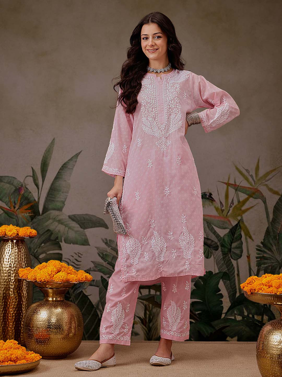 Pink-&-White-Cotton-Lucknowi-Chikankari-2-Piece-Kurta-Set
