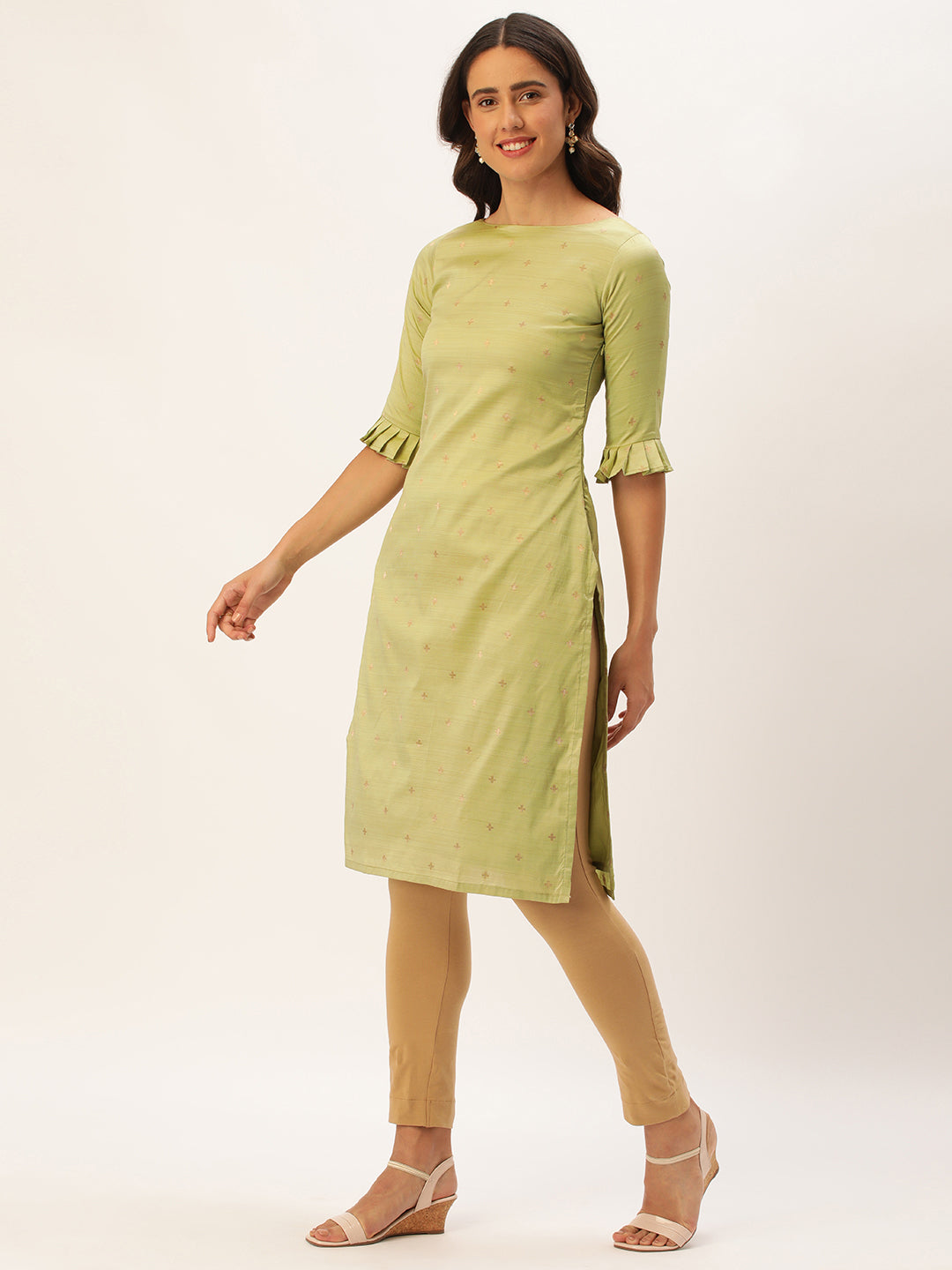 Pista Green Taffeta Straight Kurta with Side Slits