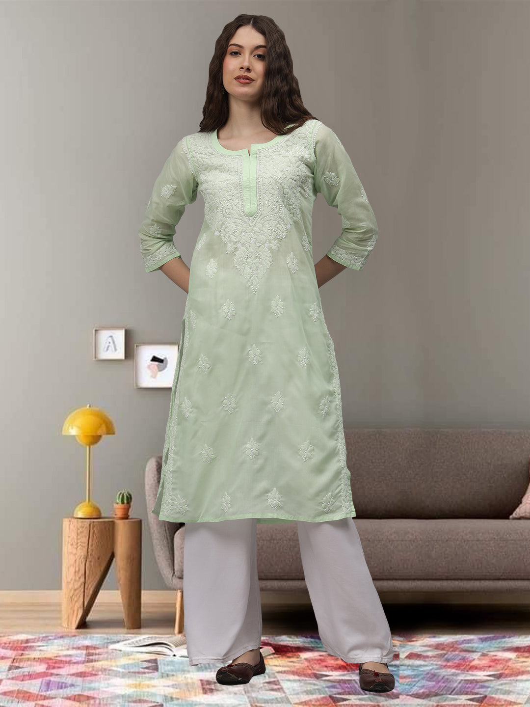 Pista-Green-&-White-Cotton-Embroidered-Chikankari-Kurta