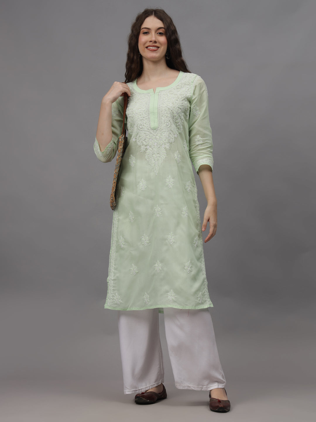 Pista-Green-&-White-Cotton-Embroidered-Chikankari-Kurta