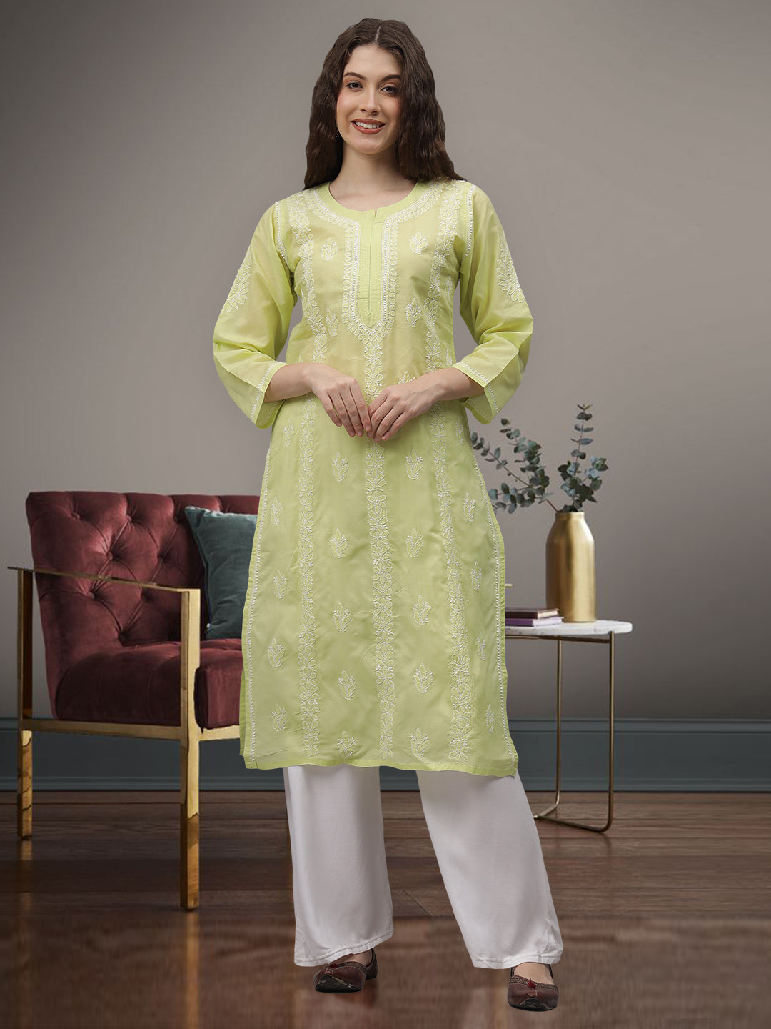 Pista-Green-&-White-Cotton-Embroidered-Chikankari-Kurti