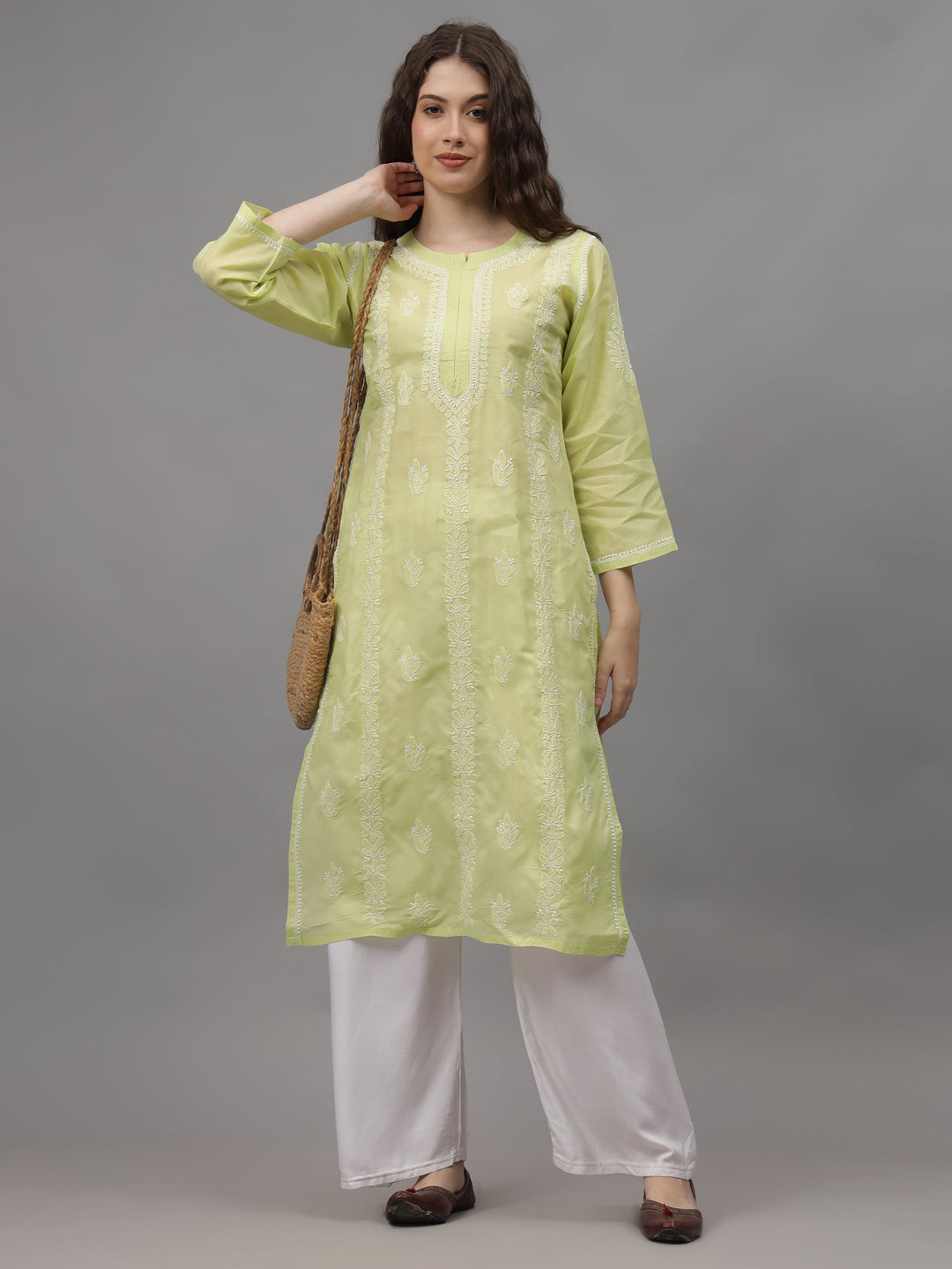 Pista-Green-&-White-Cotton-Embroidered-Chikankari-Kurti