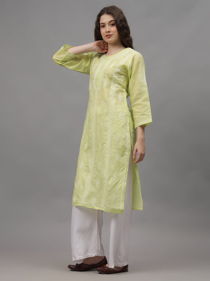 Pista-Green-&-White-Cotton-Embroidered-Chikankari-Kurti